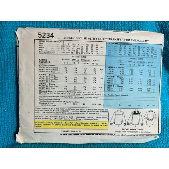 McCalls Sewing pattern 5234 blouse pullover top wingtip collar 1970s - Picture 3 of 5